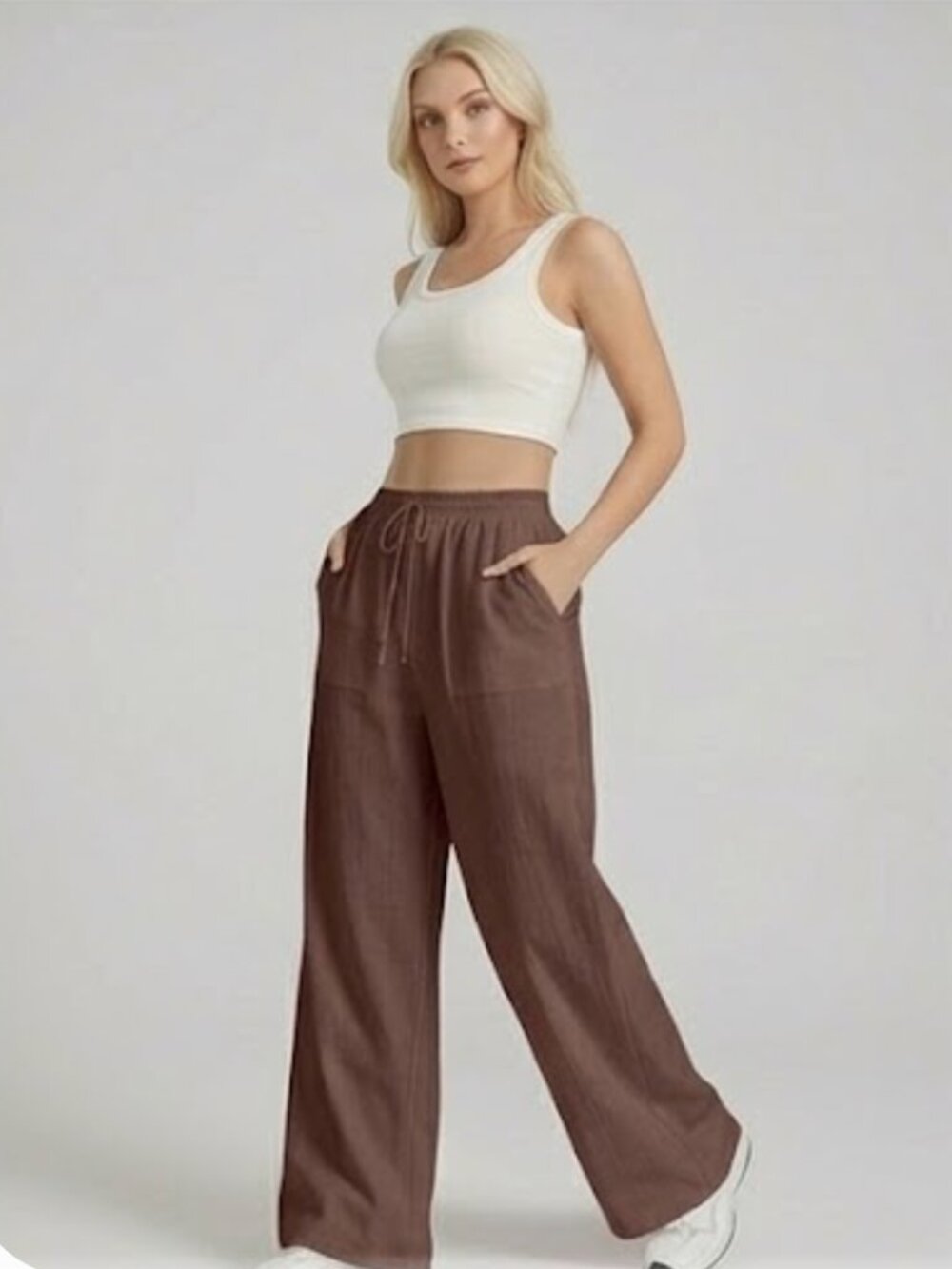100% Cotton Drawstring Waist Wide Leg Pants Brown